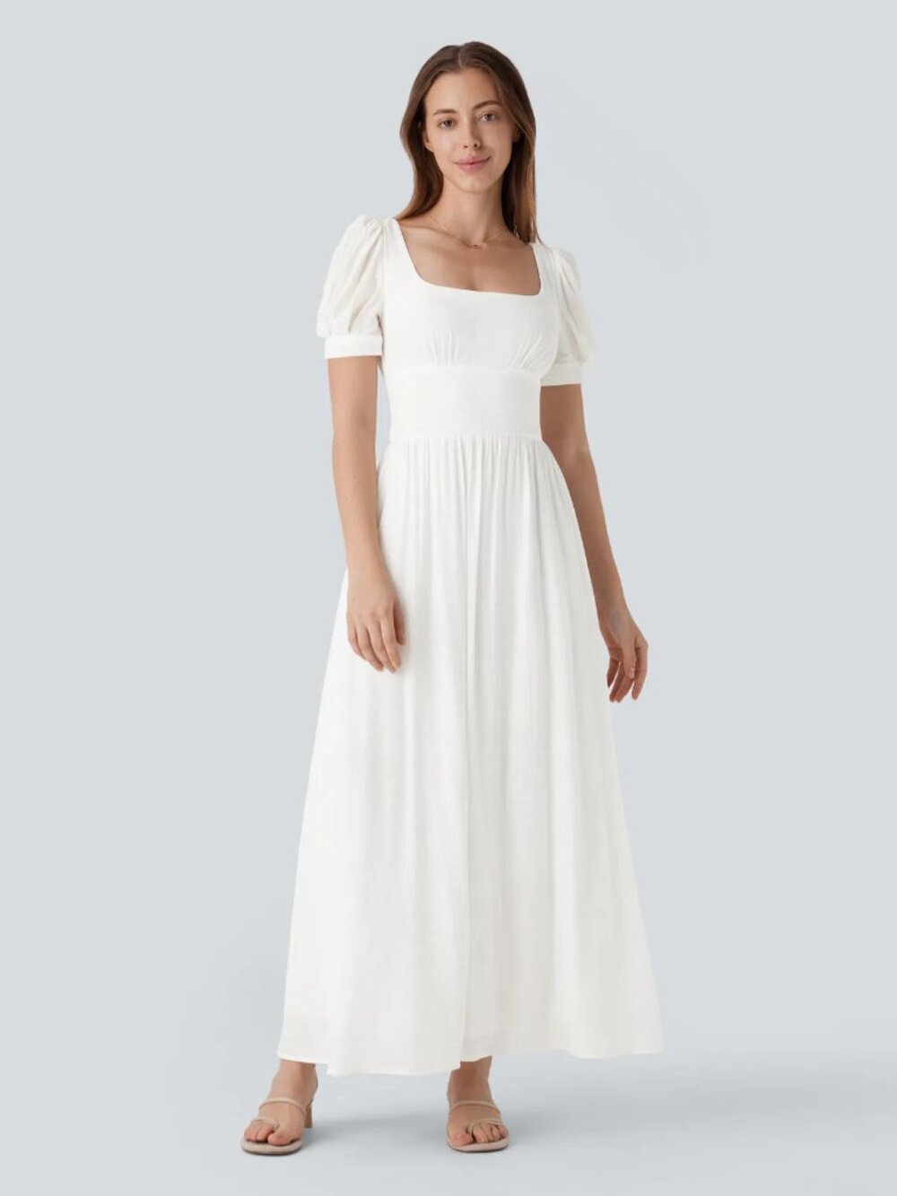 HALARA Square Neck Puff Sleeve Lace Up Cinched Waist Flowy Maxi Dress